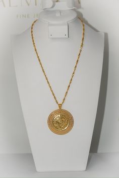 20.38 grams 18” chain 2” pendant Ornate 22k Gold Filigree Necklace, Gold Plated Filigree Pendant Necklace, Yellow Gold Filigree Medallion Locket Necklace, Ceremonial Gold-plated Filigree Necklace, 14k Gold Pendant Coin Necklace, Tarnish Resistant, Coin Necklace, Fine Jewelry, Chain, Pendant