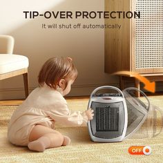 a baby sitting on the floor playing with an air purificater in front of it