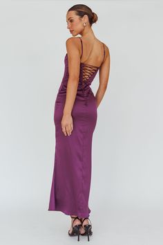 Plum maxi dress Half lined Adjustable straps Lace-up back Zipper in side Steal the show in our stunning Teneal maxi dress. We are loving the lace-up back feature! Perfect for a special event or a birthday celebration. Team it with diamante mules and a clutch for an unforgettable look. MODEL INFO Model is wearing size XS Height: 5'6" Bust: 31.5" Waist: 24.5" Hips: 34.5" CARE Hand Wash Cold. Do Not Iron. MATERIAL SPANDEX/POLYESTER Selfie Leslie, Yellow Bridesmaids, Veil Hairstyles, Event Outfit, Blue Bridesmaids, Iron Material, Date Night Dresses, Mini Dress Casual, Mesh Dress