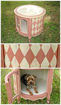 a small dog is sitting in an old pink and white pet bed that has been painted