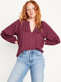 split v-neck long sleeves buttoned cuffs shirred detail Womans Tops, Clothes Lookbook, Dark Mauve, Textured Top, Petite Size, Summer Outfit, Womens Clothing Tops, Peplum Top, Old Navy