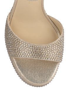 Tonal rhinestones add eye-catching glamour to a party-ready sandal lofted by a chunky platform and flared block heel. 3 1/2" heel; 1/2" platform Adjustable ankle strap with buckle closure Textile upper/synthetic lining/rubber sole Imported Party Wedge Sandals With Block Heel, Glamorous Party Wedge Sandals With 4-inch Heel, Party Wedge Sandals With Padded Block Heel, Low Heel Platform Party Heels, Party Platform Heels With Low Heel, Low Platform Heels For Party, Chic Evening Wedge Sandals With Rhinestones, Glamorous High Heel Wedge Sandals For Formal Occasions, Party Wedge Sandals With Reinforced Block Heel