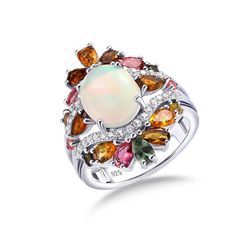 LUCID FANTASY 100% 925 Sterling Silver Pear Ring Opal Tourmaline Gems 4.8ct Elegant Luxury Fine Jewelry-Lucid Fantasy Release Anger, Cocktail Jewelry, Tourmaline Jewelry, Sterling Silver Flowers, Emerald Gemstone, Silver Pieces, Natural Opal, October Birth Stone, Ring For Women