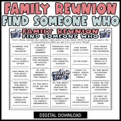 This activity is perfect for a family reunion to encourage family members to mingle. This game is tailored towards family reuniting at a reunion or family event. This is a DIGITAL download. You will need to print the cards. See video and photo previews for examples. You'll download: * A printable PDF file of a family reunion find someone who bingo card.  * Note: Bingo cards will be printed on 8 1/2 X 11 sheets (one per sheet and two per sheet options included) For any questions, please feel free Prizes For Family Reunion Games, Family Bingo Free Printable, Family Reunion Schedule Of Events, Family Reunion Timeline, Family Reunion Ice Breakers, Family Reunion Ice Breaker Games, Family Reunion Bingo Free Printable, Family Reunion Games For Adults, Activities For Family Reunions