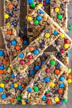 granola bars with m & m's on top and candy in the middle