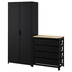 a black cabinet with drawers and a wooden top next to it on a white background