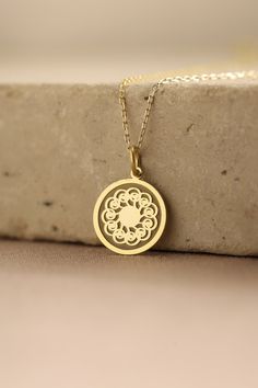 Gold Sun Pendant - Sun Gold Necklace ● Material of pendant: Solid Gold 14k ( REAL GOLD ) ● Metal Stamp: 14k ( REAL GOLD ) ● The pendant is available in 5 sizes: - 12,7 mm / 0.5 inches (Diameter) - 14,0 mm / 0,55 inches ( Diameter ) In the photos - 15,3 mm / 0.6 inches ( Diameter ) - 16,5 mm / 0,65 inches ( Diameter ) - 19,1 mm / 0,75 inches ( Diameter ) ( In the photos the size is 14mm / 0.55 inches Diameter ) ( Jump Ring inner diameter: 4 mm ) ● Material of chain: Solid gold 14k ( REAL GOLD ) I 14k Gold Flower Pendant Charm Necklace For Anniversary, Yellow Gold Medallion Jewelry As A Gift For Her, Gold Flower Pendant Charm Necklace In 14k, 14k Gold Round Pendant Charm Necklaces For Wedding, Yellow Gold Plated Round Charm Necklace, 14k Gold Round Pendant Charm Necklace For Wedding, Yellow Gold Round Pendant Charm Necklace Wedding, Yellow Gold Necklace With Flower Pendant For Anniversary, 14k Gold Spiritual Flower Pendant Jewelry