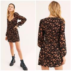 Free People Noah Velvet Mini Dress New With Tags Retail $231 Free People Saylor Size L So Fun And Flirty, This A-Line Velvet Mini Dress Features A Burnout Floral Design With Sheer Voluminous Sleeves And A Matching Knotted Scrunchie. Side Zipper Closure Twisted Detail At Bust Sweetheart Neckline Matching Scrunchie Helps Avoid Fabric Waste Care/Import Dry Clean Only Import Measurements For Size L Armpit To Armpit 19.5” Across Length: 33.5 In Sleeve Length : 24.75 In Contents 75% Rayon 25% Nylon Velvet Mini Dress, Sheer Overlay, Mini Dress Black, Dress With Long Sleeves, Short Dresses Casual, Fitted Top, Mini Velvet Dress, Floral Mini Dress, Free People Dresses