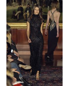 For Sale on 1stDibs - ▪ Ralph Lauren Collection black evening dress ▪ Beaded in a floral pattern allover ▪ High neck ▪ Beaded net cap sleeves with beaded tassel trim ▪ Trained Ralph Lauren 2002, Runway Gowns, Black Evening Dress, Runway Fashion Couture, Runway Outfits, Runway Dresses, Ralph Lauren Collection, Runway Pictures, Glam Dresses