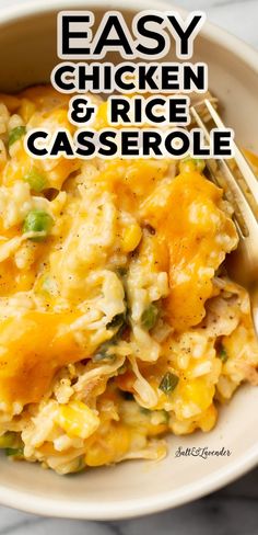 closeup of a portion of casserole with text overlay that reads easy chicken and rice casserole Rotisserie Chicken And Rice Recipes, Recipes With Leftover Rotisserie Chicken, Easy Chicken And Rice Casserole, Easy Chicken Rice Casserole, Chicken And Rice Casserole Recipe, Easy Chicken Casserole Recipes