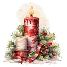 a watercolor painting of a lit candle surrounded by holly and cones with red ribbon