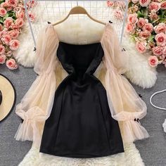 Cute bubble sleeve dress, high waist, mesh stitching Square Neck Dress Long, Gorgeous Wedding Dress Princesses, Bubble Sleeve Dress, Princess Bridal Gown, Most Beautiful Wedding Dresses, Black Dress With Sleeves, French Retro, 21st Dresses, Stitch Ideas