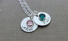 A beautiful sterling silver mothers necklace. Choose number of discs you would like as you add necklace to your cart. 5/8 inch round sterling silver discs will be stamped with the names of your choice. Approx 10 letters each (depending on width of letters). Please leave names and corresponding birthstone month in note to seller at checkout. Discs have a brushed finish and edges hammered. Necklace includes two Swarovski crystal birthstones. Measure 6 mm and are silver plated see last photo for op Silver Name Necklace With Birthstone In Round Pendant, Sterling Silver Birthstone Necklace With Name, Silver Birthstone Necklace With Round Shape For Personalized Gift, Sterling Silver Round Pendant Name Necklace For Mom, Personalized Sterling Silver Round Pendant Birthstone Necklace, Birthday Sterling Silver Round Name Necklace, Hand Stamped Sterling Silver Name Necklace With Round Pendant, Personalized Round Birthstone Necklace For Birthday, Silver Round Hand Stamped Name Necklace