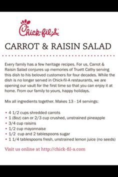 the recipe for carrot and raisin salad is shown in this advertisement