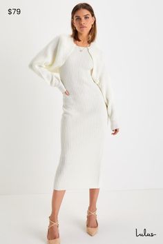 Cooler temps are here, and we're so ready to style our favorite pieces with the Lulus Aesthetic Season Ivory Ribbed Two-Piece Dress & Cardigan Set! Stretchy ribbed sweater knit shapes this stylish dress that has a sleeveless bodice with wide tank straps and a crew neckline. Fitted silhouette hugs the waist, continuing into a bodycon skirt that ends at a midi hem. Kick pleat at back. Matching shrug-style long sleeve cardi sweater adds a cozy finish, for a 'fit you'll be styling all season long! F Midi Dress With Cardigan, Cardigan Over Dress, Dress And Cardigan Outfit, Aesthetic Season, Dress With Shrug, Shrug Style, Sweater Midi Dress, Dress Cardigan, Cardigan Set