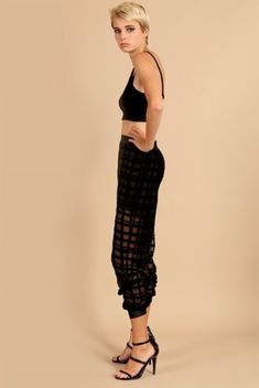 These unique joggers are cute and fun. It features an elastic back waistband, short inside lining, velvet square designs, sheer material, two side pockets, and an elastic band at the ankle. Material: 100% Polyester Mission Style, Sheer Material, Square Design, Affordable Fashion, Elastic Band, Harem Pants, Night Out, Velvet