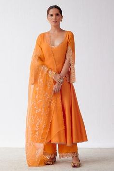 Shop for Devnaagri Orange Cotton Silk Blend Dori Embroidered Sleeve Anarkali Set for Women Online at Aza Fashions Embroidered Anarkali, Indian Designer Suits, Long Kurti Designs, Desi Fashion Casual, Casual Indian Fashion, Salwar Kamiz, Indian Dresses Traditional, Traditional Indian Outfits, Ethnic Outfits