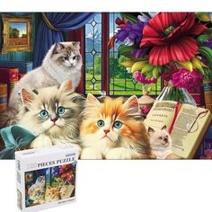 two cats sitting next to each other in front of a window with flowers and books