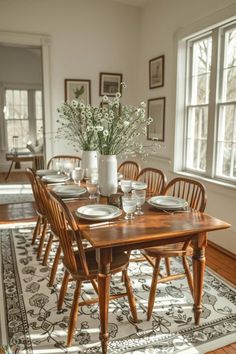 a dining room table is set with place settings and flowers in a vase on top