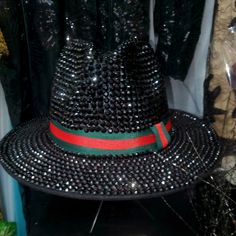 Fashion Bling Rhinestone Studded Wide Brim Felt Fedora Hat With Red Green Stripe Black Wide Brim Hat With Rhinestones, Black Hat With Rhinestones For Evening, Party Hats With Rhinestones And Short Brim, Black Evening Hat With Rhinestones, Black Evening Hats With Rhinestones, Elegant Black Hats With Rhinestones, Elegant Black Beaded Hat, Black Adjustable Embellished Hats, Luxury Black Hat For Party