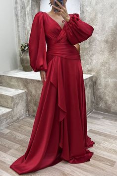 F00237697-113 Satin Evening Gown, Deep V Neck Dress, Maxi Dresses Fall, Evening Dresses With Sleeves, Dress Sleeve Styles, Maxi Dress Formal, Dress Satin, Maxi Dress Evening, Satin Maxi Dress