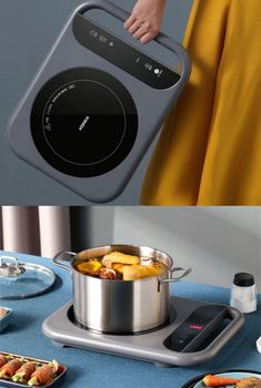 a woman holding a pot on top of a stove next to a pan with food in it