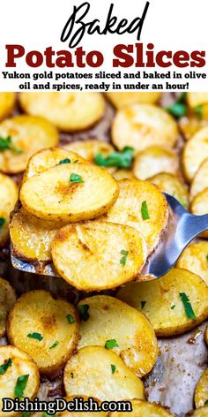 baked potato slices on a serving spoon in a skillet with text overlay that reads baked potato slices