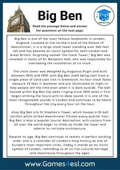 the big ben tower is shown in blue and white, with text that reads'read the passage below and answer the questions on the next page