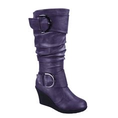 This Style Runs Pretty True To Size Round toe design Zipper for closure Large buckle Finished with cushioned insole Faux Leather Heel Height: 3" (approx) shaft length: 16" (approx) top opening circumference: 15" (approx) Size: 6.5.  Color: Purple.  Gender: female.  Age Group: adult. Casual Wedges, Casual High Heels, Winter Fashion Boots, Winter Shoes For Women, Faux Leather Boots, Round Toe Shoes, Walking Shoes Women, Faux Leather Heels, Womens Mid Calf Boots