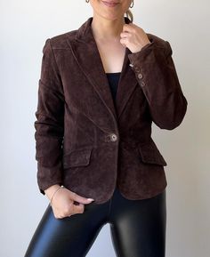 Sleek Minimalist Design: This blazer's clean lines and minimalist aesthetic make it perfect for achieving a contemporary look without fuss, while still maintaining an air of elegance. Specification:  Material: Suede Leather Color: Brown  Closure: One Button Inner Lining: Viscose Relaxed Boxy Fit: Designed with a relaxed, boxy shape, this blazer allows for easy layering and movement, ensuring comfort throughout the day. It strikes a balance between casual cool and structured style, ideal for any body type. Premium Suede Leather: Made from high-quality suede leather, the blazer offers a soft, luxurious texture that is both durable and timeless. It's designed to age beautifully, enhancing its vintage-inspired feel. 90s Vintage Appeal: Embrace the nostalgia of 90s fashion with this blazer. Its Elegant Solid Blazer With Snap Buttons, Workwear Blazer With Snap Buttons, Modern Brown Office Blazer, Vintage Western Style, Formal Blazer, Cowgirl Aesthetic, Cowgirl Chic, Coat For Women, Womens Blazers