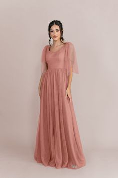 Model: Saije; Size: 4 Dusty Rose Bridesmaid Dress Long Sleeve, Bridesmaid Modest Dresses, Tulle Bridesmaid Dress With Sleeves, Pink Modest Bridesmaid Dresses, Tulle Dress With Sleeves, Light Pink Wedding Dress, Tulle Bridesmaid Dresses, Patterned Bridesmaid Dresses, Bridesmaid Tulle