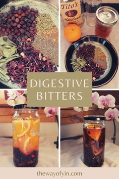 some jars filled with different types of food