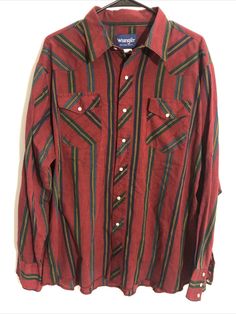 Mens Sz XL Western Shirt Wrangler Pearl Snap Cowboy Fashion Long Sleeve Red With blue green gold stripes. No stains tears or holes! American Style Red Cotton Shirt, Red Cotton American Style Shirt, Vintage Red Tops For Rodeo, Red Western Style Tops For Ranch, Blue Green Gold, Cowboy Style, Gold Stripes, Western Shirts, Green And Gold