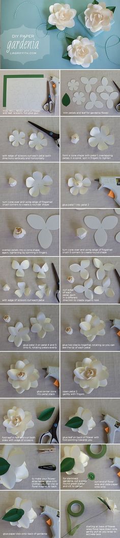 the instructions for making paper flowers are shown in several different positions, including petals and leaves