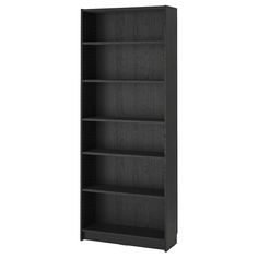 a black bookcase with three shelves on each side