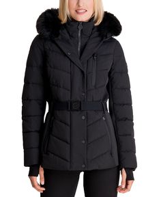 Belted Faux-Fur Trim Hooded Puffer Coat Macys Women, Belted Coat, Faux Fur Coat, Puffer Coat, Fur Trim, Black Coat, Stand Collar, Front Zipper, Women Clothes Sale