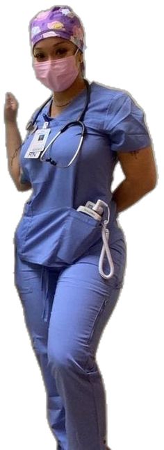 a woman in scrubs is standing with her hands on her hips and wearing a stethoscope