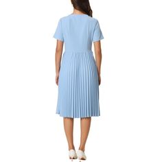 This dress can be a perfect addition to almost any outfit from formal to daily wear, great for work, meeting, office, businesses, work, party, cocktail, wedding, casual, daily dressing, etc. Pair with delicate necklace and heels for a chic office look. Comfortable and classic, this A-line dress is perfect on its own or as a layer under a blazer or jacket. Pleated Fitted Midi Dress For Formal Occasions, Fitted Pleated Midi Dress For Formal Occasions, Elegant Knee-length Midi Dress With Pleated Back, Blue A-line Midi Dress For Formal Occasions, Spring Formal Midi Dress With Pleated Back, Elegant Fitted Knee-length Pleated Dress, Fitted Solid Color Office Dresses, Sheath Dress Solid Color For Office, Fitted Pleated Dress For Formal Occasions