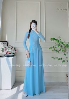 🌻This Set includes 1 long dress and 1 pants ( same color and fabric as top) 🌻Material: chiffon. 🌻Stretchy level: 3/10 🌻 The measurement of this ao dai (long dress) is in Vietnamese size (American size tends to be bigger for the same size). Please LOOK AT THE SIZE CHART CAREFULLY BEFORE ORDERING. There might have some chalk writings on the fabric due to making process. These marks can be washed away easily. 🌻🌻No returns or exchanges Buyer can contact seller about any issues with an order. 🌸 Follow us Facebook/aodaiemily www.aodaiemily.com 💜 Thank you very much!💜 Elegant Blue Fitted Ao Dai, Elegant Blue Ao Dai For Formal Occasions, Elegant Evening Blue Ao Dai, Formal Blue Ao Dai For Spring, Blue Ao Dai For Spring Formal Occasions, Elegant Blue Floor-length Ao Dai, Blue Ao Dai For Spring Party, Fitted Blue Ao Dai For Evening, Fitted Long Ao Dai For Party