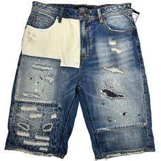 These Akoo Regal Shorts Come In A Medium Blue And Off White Denim. They Have A Classic Five Pocket Design With Patchwork, Backed Destruction, Distressing, Paint Splatter, Heavy Washing, And Breaking This Item Is New With Tags Color: Rio Fabric: 99% Cotton 1% Polyester Tagged Size: 32 Measurements (Approximate, Taken With Item Laying Flat) Waist 32” | Outseam 23.5” | Inseam 11.5” | Rise 12.5“ | Thigh 12” Reasonable Offers Welcome! Follow For More Great Finds! (T06) Off White Denim, Mens Jean Shorts, Blue And White Style, Distressed Jean Shorts, Blue Jean Shorts, Distressed Denim Jeans, Embroidered Denim, Distressed Black Jeans, Paint Splatter