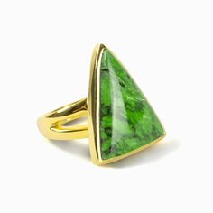 Bright green with dark green veins triangle Maw Sit Sit Jade Ring set in Gold Made in Earth Green Large Stone Ring Jewelry, Green Large Stone Ring, Formal Green Ring With Large Stone, Modern Green Jewelry For Anniversary, Modern Green Emerald Jewelry, Modern Green Malachite Jewelry, Green Large Stone Gemstones For Healing, Polished Chrysoprase Ring Jewelry, Green Emerald Rings With Natural Stones