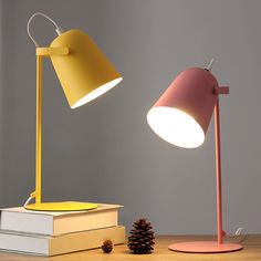 a yellow and pink lamp sitting on top of a wooden table next to a pine cone