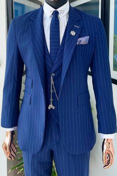 Elegant Tailored Pinstripe Sets, Fitted Pinstripe Elegant Set, Elegant Striped Formal Sets, Formal Pinstripe Notch Lapel Sets, Elegant Tailored Suits With Vertical Stripes, Elegant Striped Three-piece Suit With Notch Lapel, Elegant Fitted Suit With Vertical Stripes, Elegant Striped Three-piece Suit, Elegant Royal Blue Notch Lapel Sets