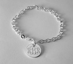 Custom Engraved Monogram or Initial Bracelet Personalized Sterling Silver Petite Round Disc 7" Lengt Classic Personalized Sterling Silver Charm Bracelet, Personalized Classic Sterling Silver Charm Bracelet, Classic Sterling Silver Personalized Charm Bracelet, Classic Personalized Name Bracelet, Elegant Personalized Sterling Silver Bracelet, Classic Personalized Sterling Silver Chain Bracelet, Engraved Sterling Silver Chain Bracelet For Gift, Engraved Sterling Silver Chain Bracelet Gift, White Gold Sterling Silver Name Bracelet With Engraving