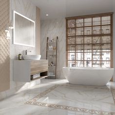 a white bath tub sitting in a bathroom next to a sink and window with wooden shutters