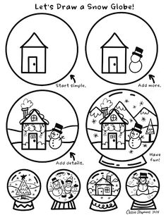 snow globe with instructions for how to draw the house and other things in it,