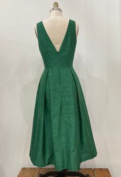 Jade Green Silk Shantung Tea-length Dress Made to Order - Etsy Green Pleated Waist Midi Dress For Formal Occasions, Formal Green Midi Dress With Pleated Waist, Green Midi Dress With Pleated Waist For Formal Occasions, Formal Midi Dress With Box Pleat And Full Skirt, Elegant Tea Length Midi Dress For Garden Party, Fitted Bodice Tea Length Dress For Garden Party, Formal Tea Length Dress With Pleated Bodice, Elegant V-neck Midi Dress For Garden Party, V-neck Evening Dress With Pleated Back For Wedding