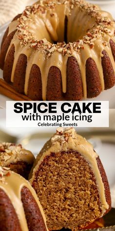 a bundt cake with maple icing is cut in half and ready to be eaten