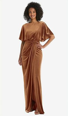 Flutter Sleeve Open-back Velvet Maxi Bridesmaid Dress With Draped Wrap Skirt In Golden Almond | The Dessy Group Classic Glamour, After Six, Velvet Maxi Dress, Velvet Maxi, Plus Size Formal Dresses, Maxi Bridesmaid Dresses, Infinity Dress, Wedding Attire Guest, Designer Drapes