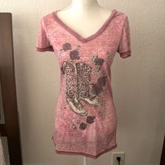 How Cute! Pink/Black With Embellished Rhinestones Cowboy Boots And Flowers Like New Never Used Clean Excellent Condition Very Cute Casual Rhinestone T-shirt For Summer, Casual Fitted Tops With Rhinestones, Fitted Casual Tops With Rhinestones, Fitted Casual Top With Rhinestones, Casual Embellished T-shirt, Casual Summer T-shirt With Rhinestones, Casual Pink Tops With Rhinestones, Casual Rhinestone Tops For Spring, Spring Short Sleeve T-shirt With Rhinestones